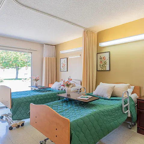 A shared patient room with two medical beds and a large sunny window